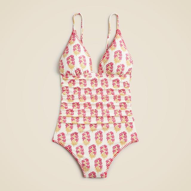 Ruched plunge one-piece swimsuit in berry block print Product Image