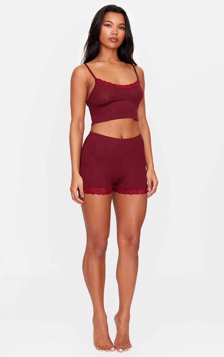 Burgundy Lace Trim Cami Short Pj Set Product Image