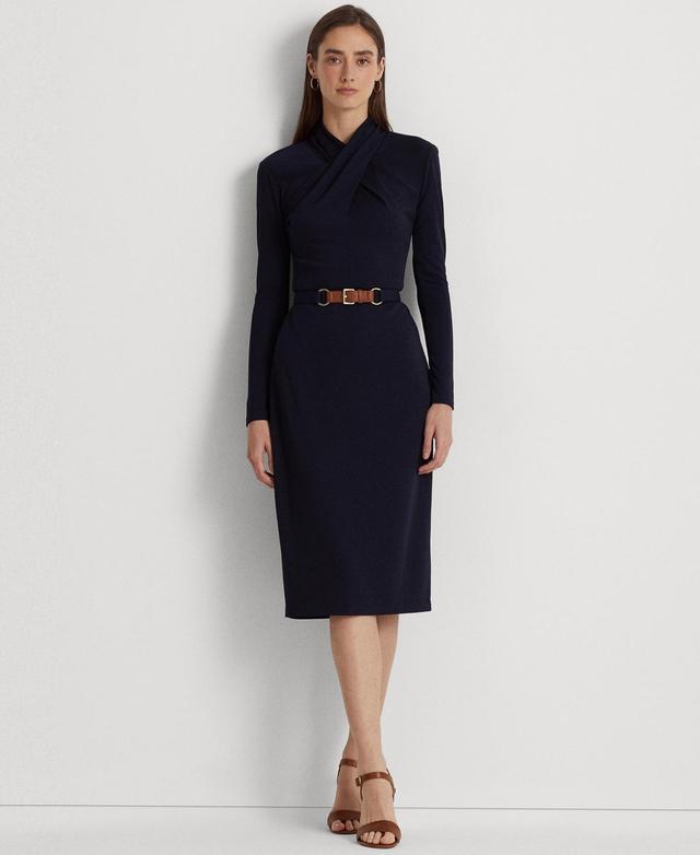 Lauren Ralph Lauren Womens Belted Mockneck Long-Sleeve Stretch Jersey Dress Product Image