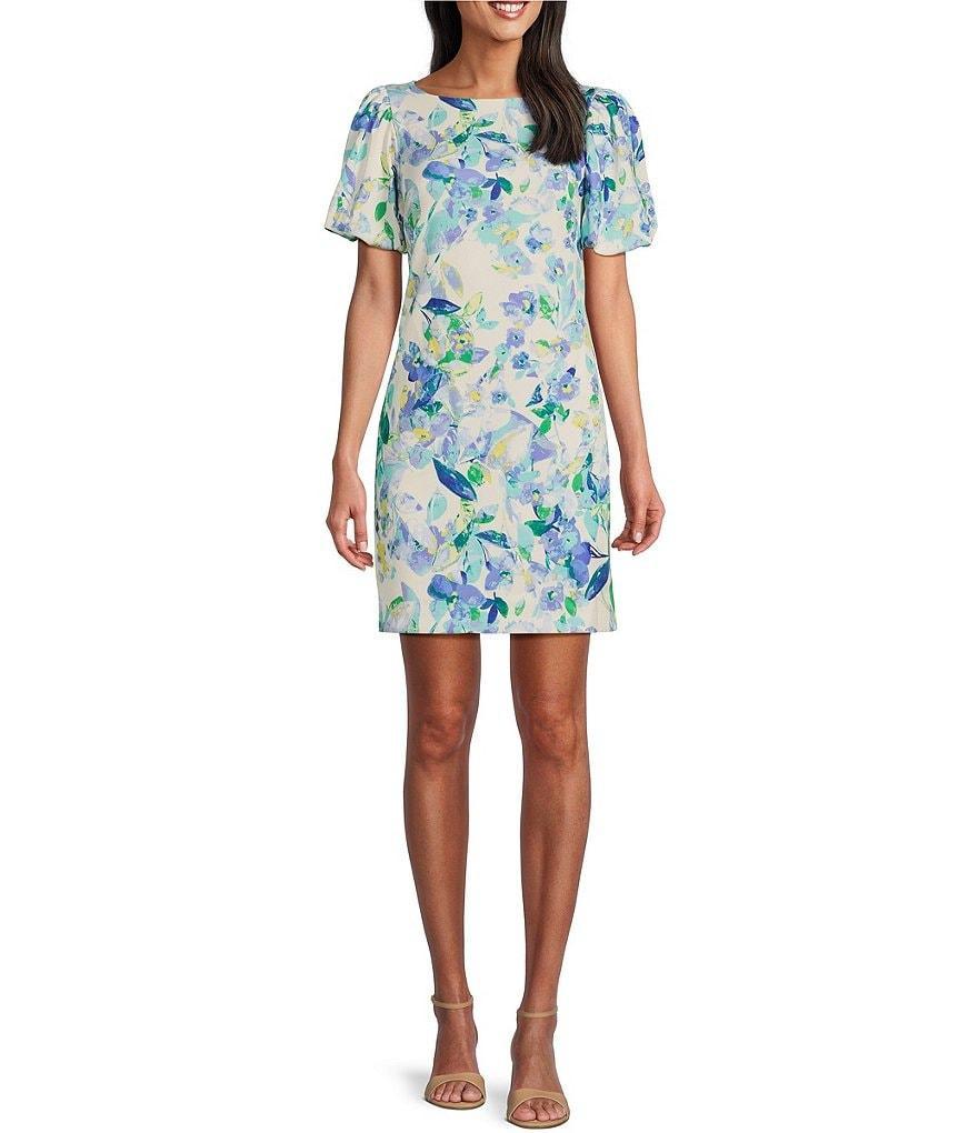 Jessica Howard Petite Size Short Puff Sleeve Boat Neck Floral Scuba Dress Product Image