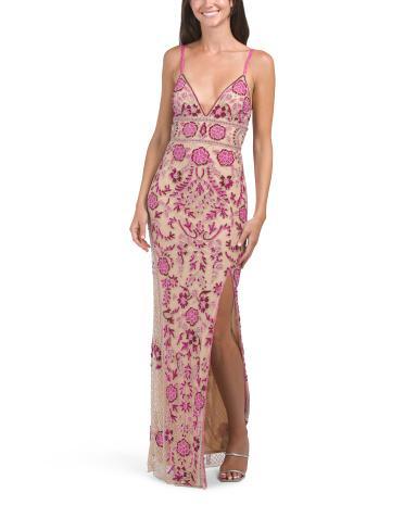 Sleeveless Beaded Gown With Front Slit for Women Product Image