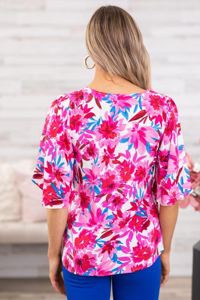 Pink Multicolor Floral Bell Sleeve V-Neck Top Product Image