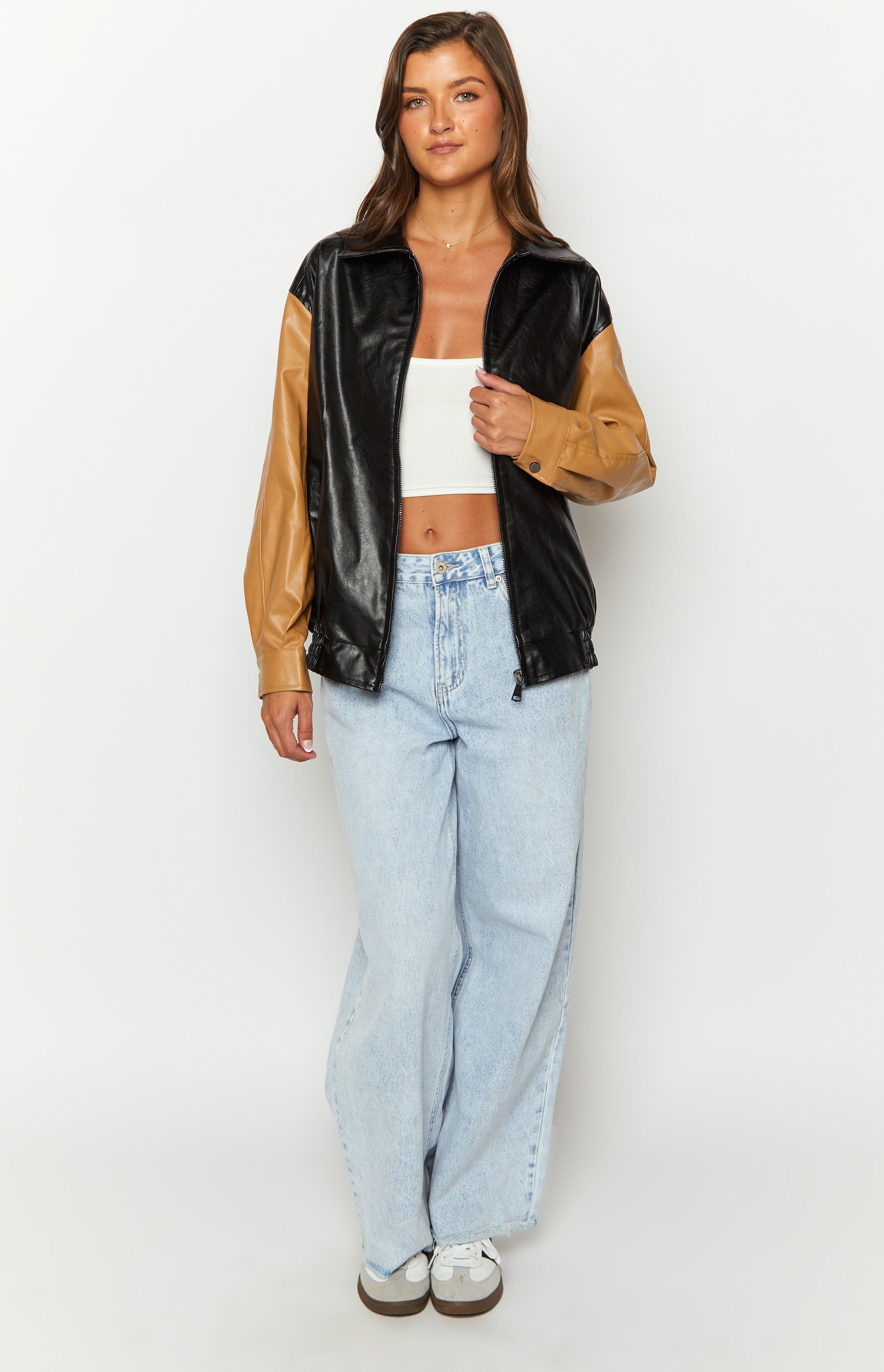 Abbi PU Black And Brown Contrast Bomber Jacket Product Image