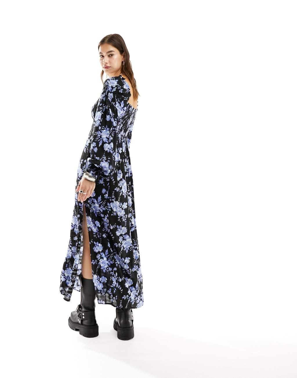 Free People floral print midaxi smock dress in black Product Image