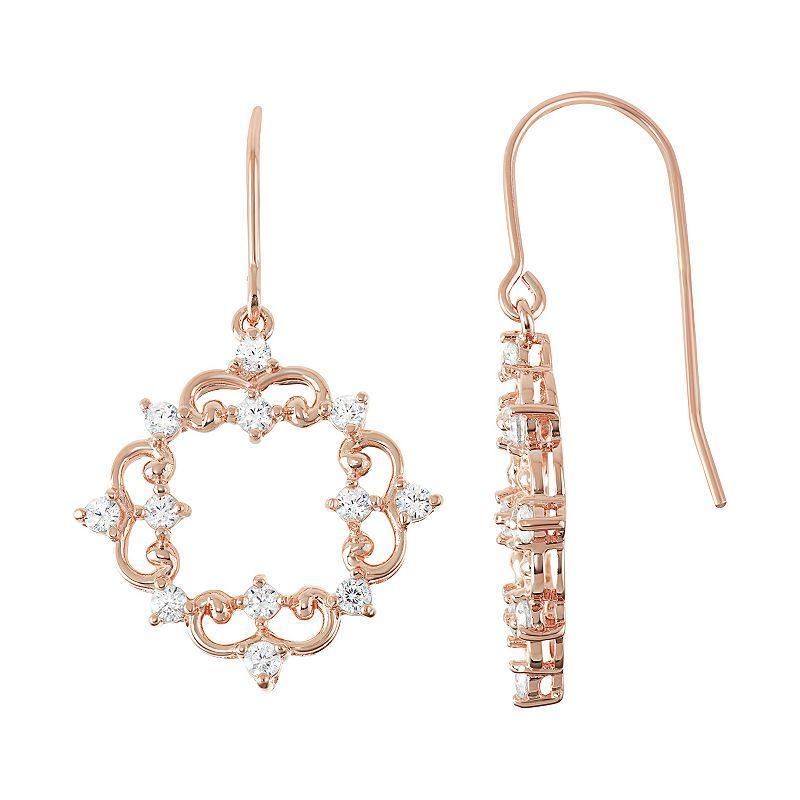 18k Rose Gold Over Silver Lab-Created White Sapphire Filigree Drop Earrings, Womens, Pink Tone Product Image