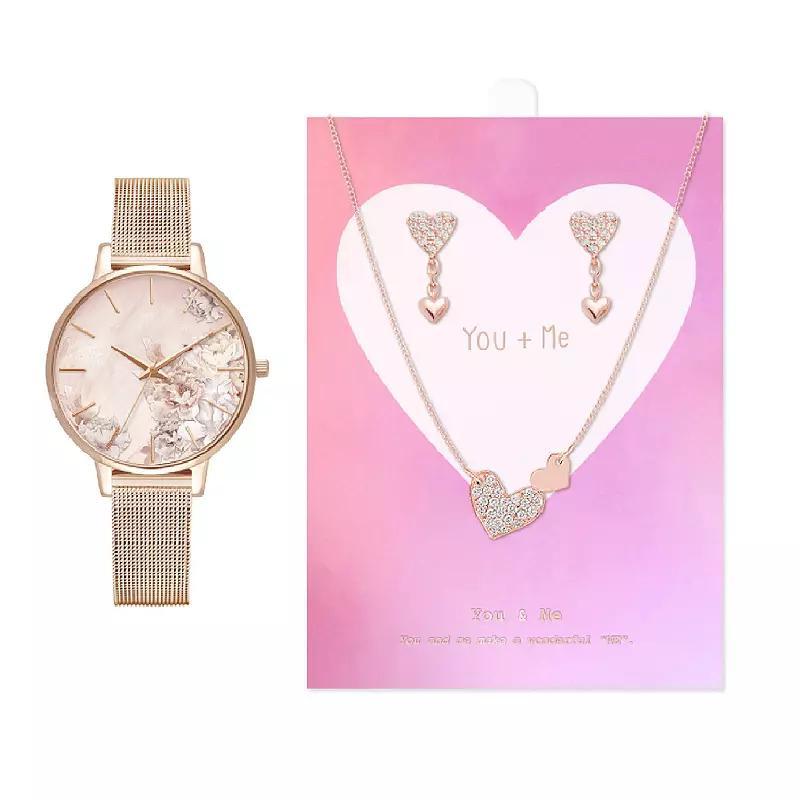 Jessica Carlyle Womens Rose Gold Tone Mesh Band Watch, Heart Link Necklace & Drop Earring Set Pink Product Image