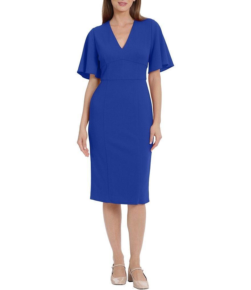 Maggy London Stretch Crepe V Neckline Short Flutter Sleeve Sheath Dress Product Image