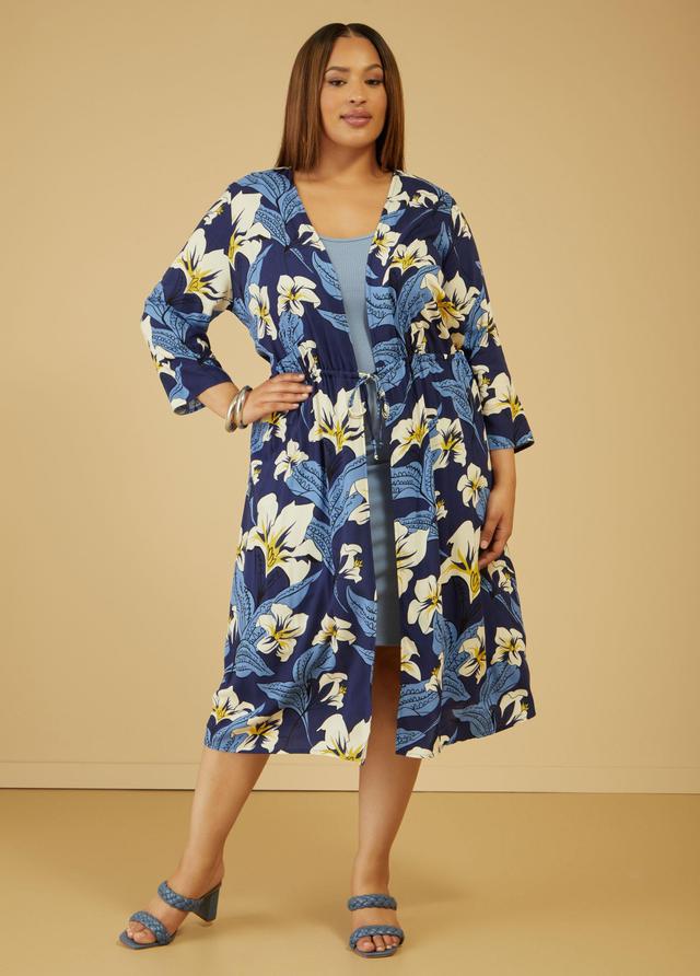 Plus Size Drawstring Floral Print Kimono Ashley Stewart Product Image