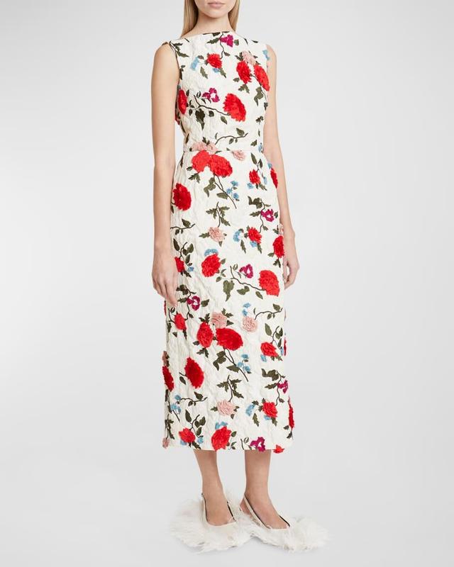 Boat-Neck Floral Embroidered Midi Dress Product Image