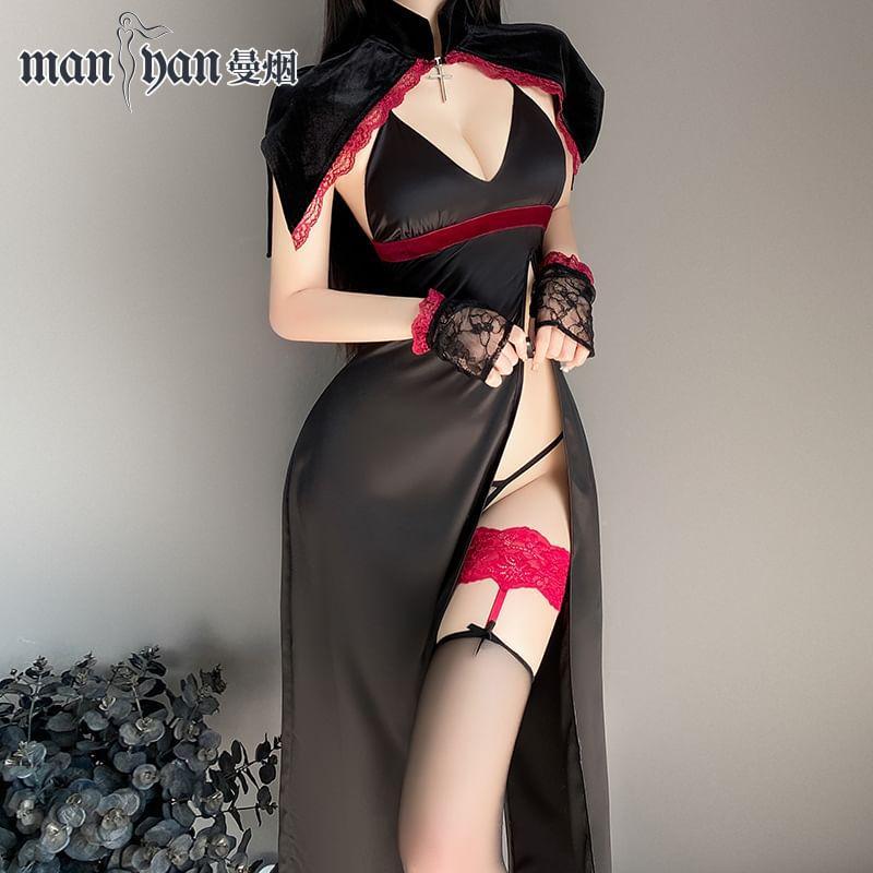 Set: Halter Two Tone Slit Midi Nightdress + Lace Trim Capelet + G-String + Fingerless Gloves Product Image