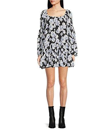 En Saison Teagan Floral Print Square Neck Long Blouson Sleeve Shift Mini Dress Product Image