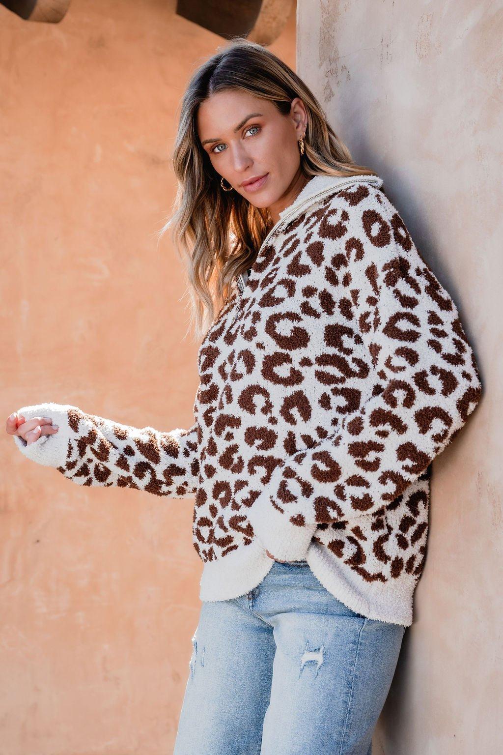 Fuzzy Tan Leopard Print Zip Up Sweater - FINAL SALE Product Image