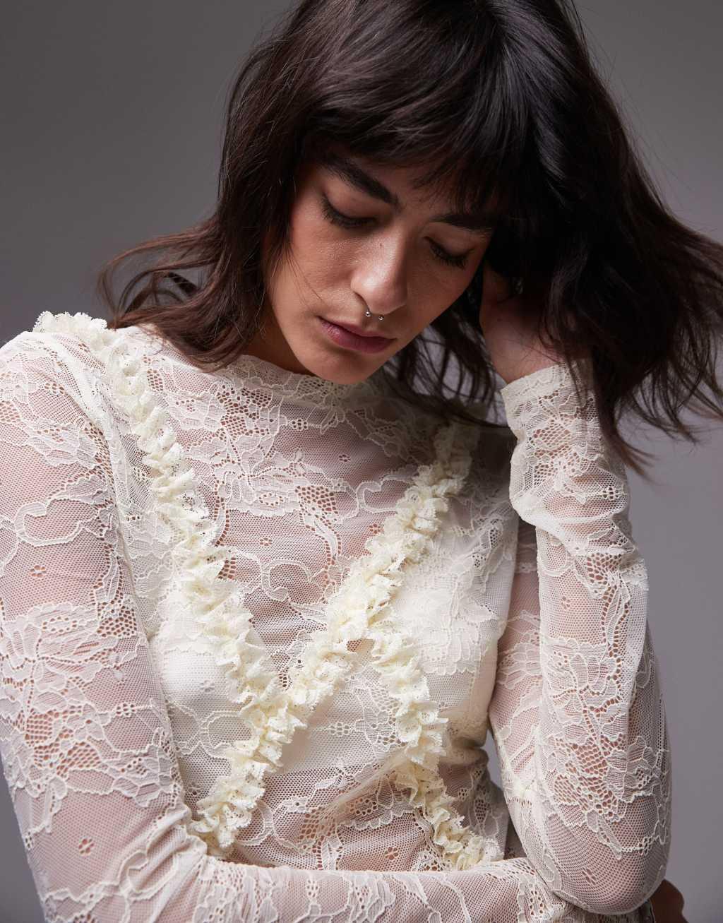 Topshop lace ruffle front long sleeve top in off white Product Image