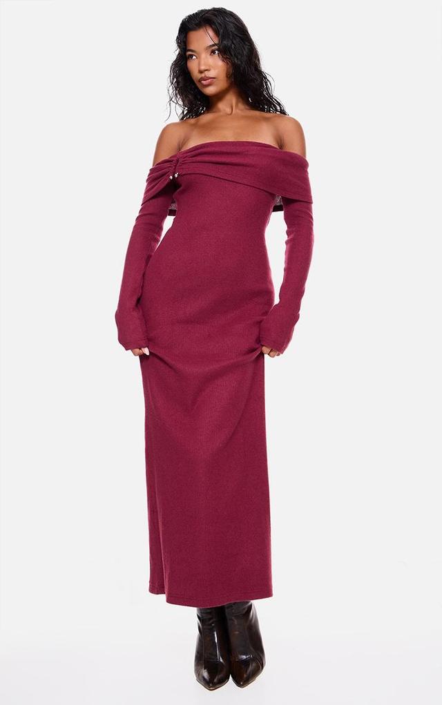 Burgundy Heavy Brushed Rib Bardot Trim Maxi Dress Product Image