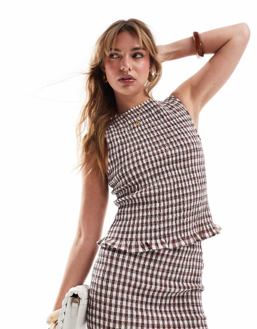 ASOS DESIGN shirred slash neck top in brown gingham - part of a set Product Image