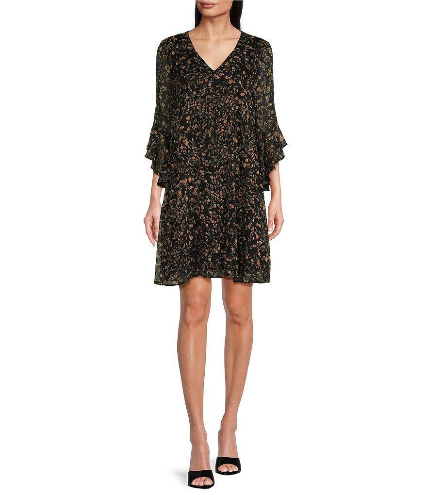 Calvin Klein 3/4 Sleeve V-Neck Floral Dress Product Image