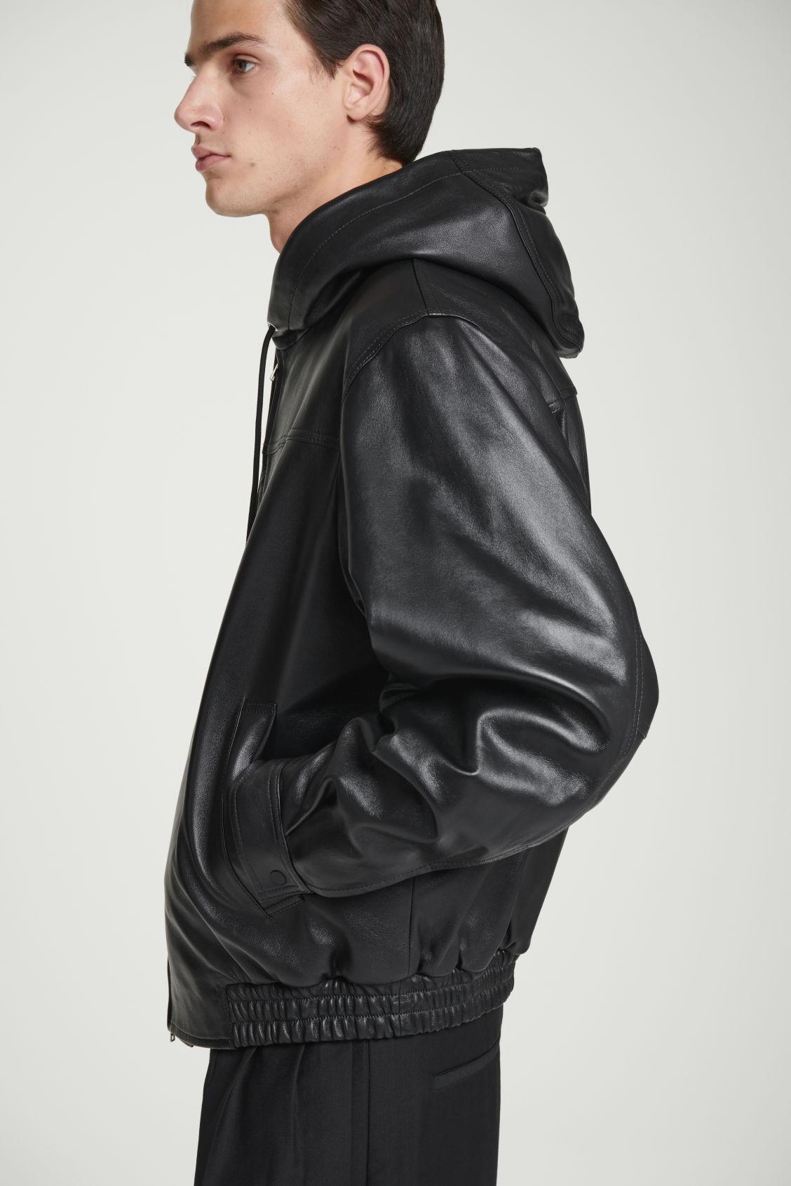 HOODED LEATHER BOMBER JACKET Product Image