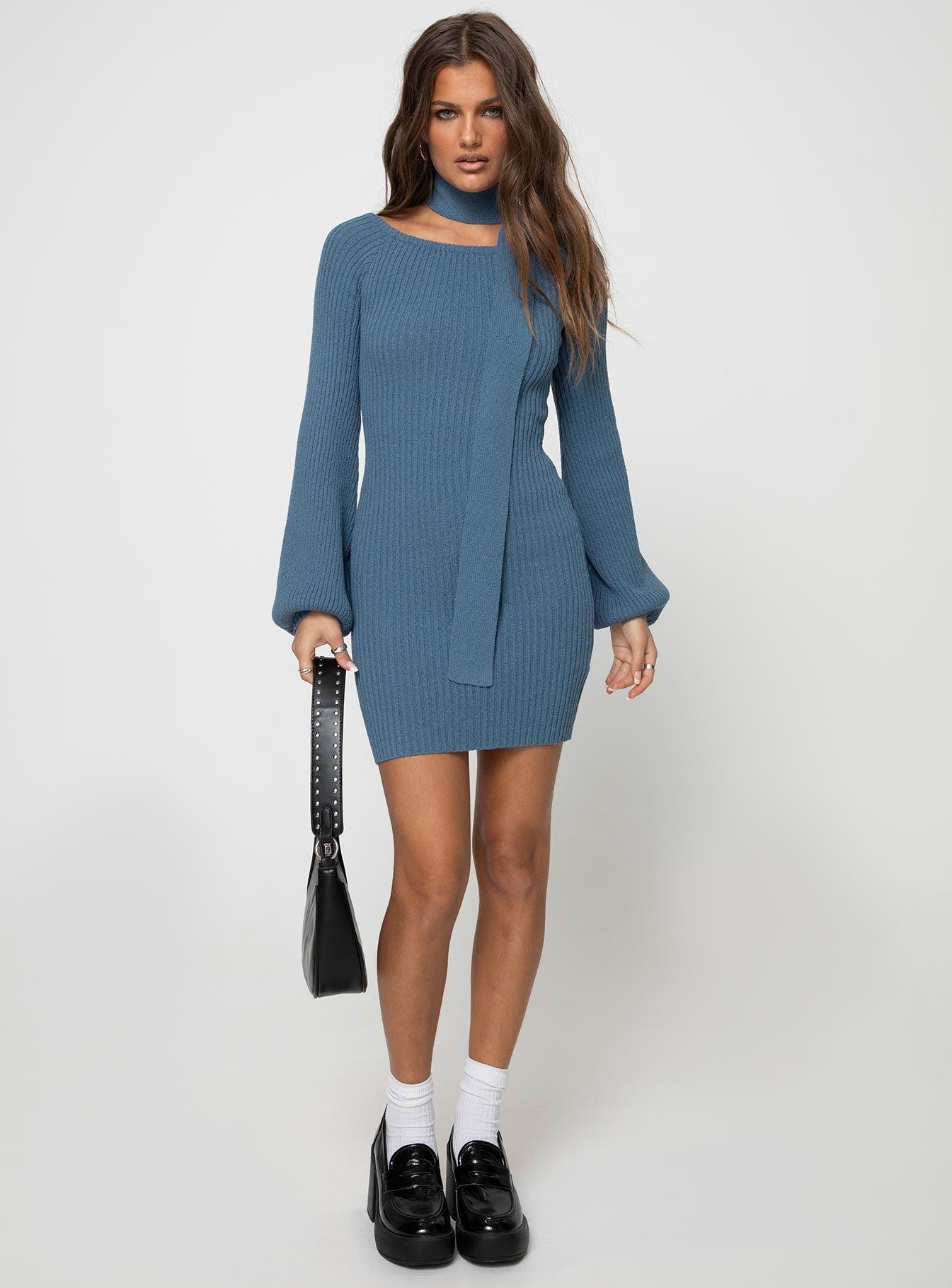 Dyante Long Sleeve Scarf Mini Dress Blue Product Image