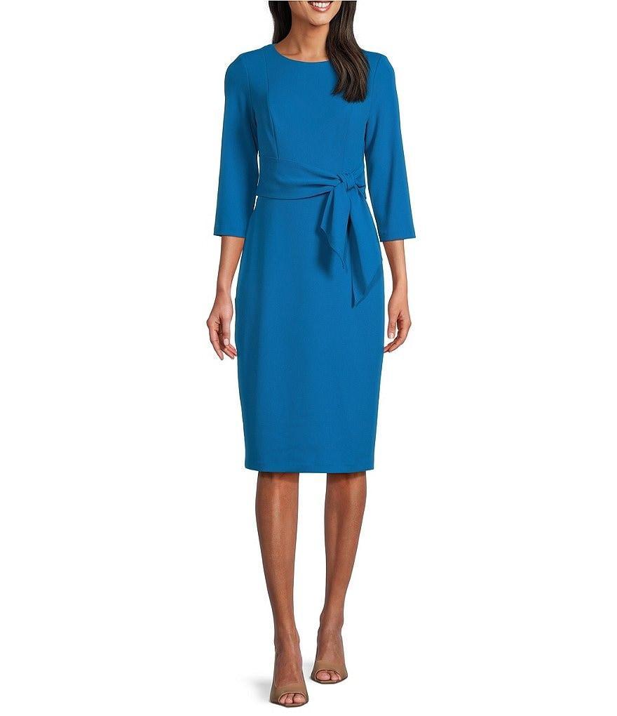 Adrianna Papell Stretch Crepe Crew Neck Tie Waist 3/4 Sleeve Midi Sheath Dress Product Image