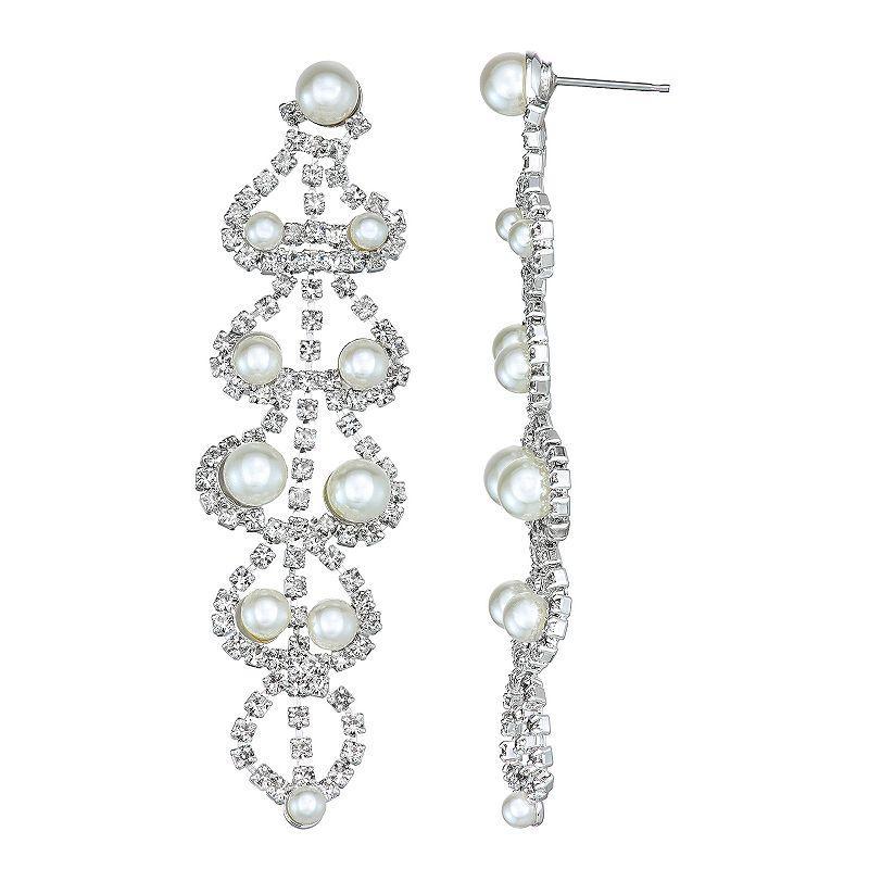 Simulated Crystal and Simulated Pearl Linear Scallop Nickel Free Earrings, Womens, Silver Tone Product Image