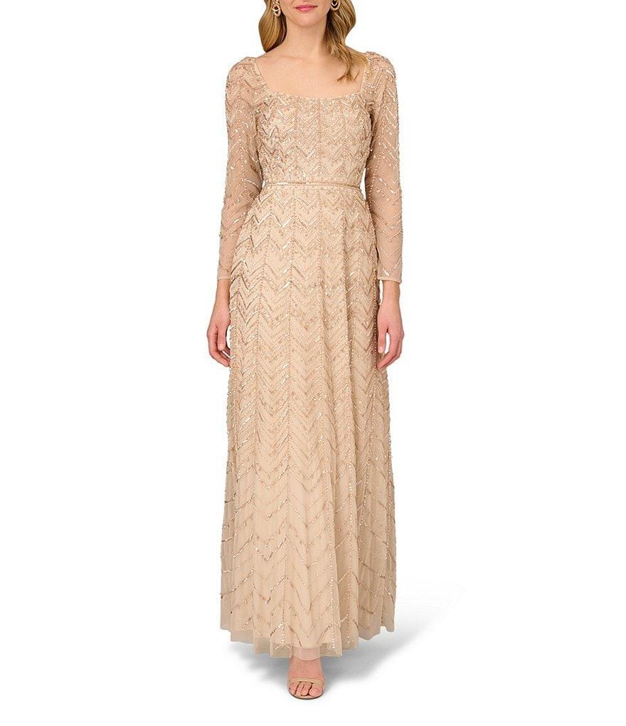 Aidan Mattox Beaded Mesh Square Neck Long Sleeve Gown Product Image