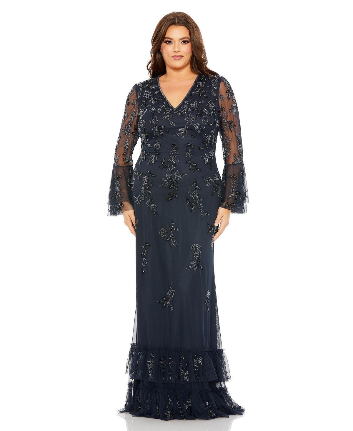 Mac Duggal Womens Plus Size V Neck Embellished Flutter Tiered Long Sleeve Gown Product Image