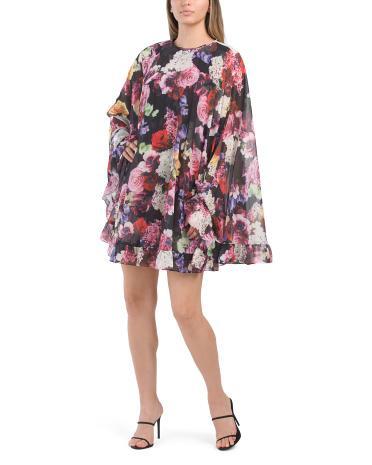 Floral Print Cape Sleeve Mini Dress With Ruffle Hem for Women | Polyester Product Image