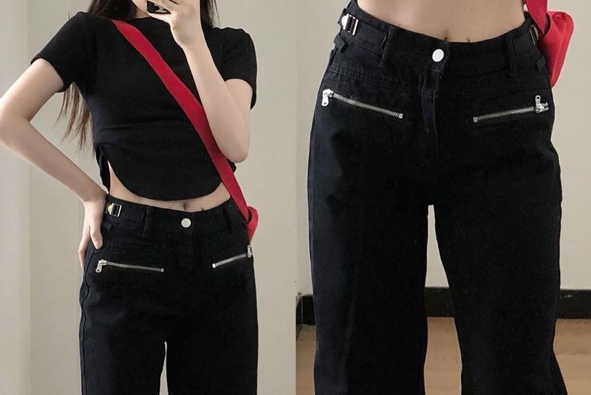 High Waist Plain Straight Leg Jeans Product Image