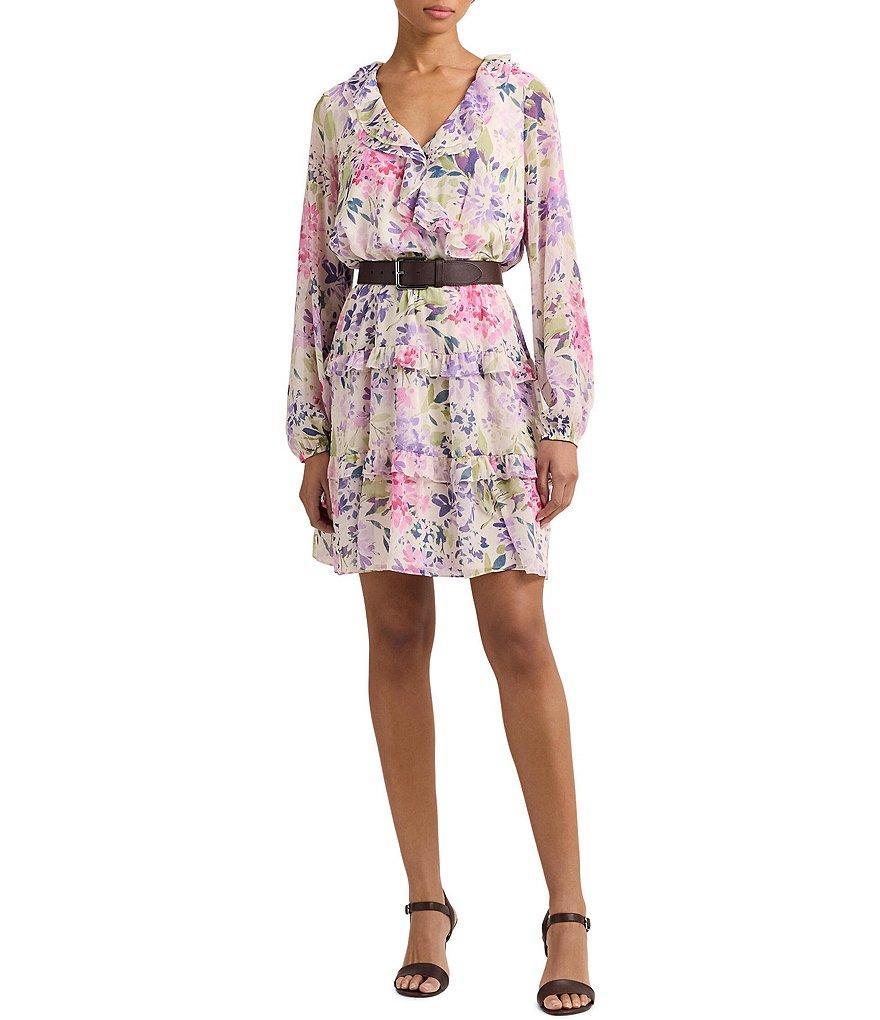 Lauren Ralph Lauren Floral Crinkle Georgette Surplice Ruffle Surplice V-Neck Long Sleeve Mini Dress Product Image