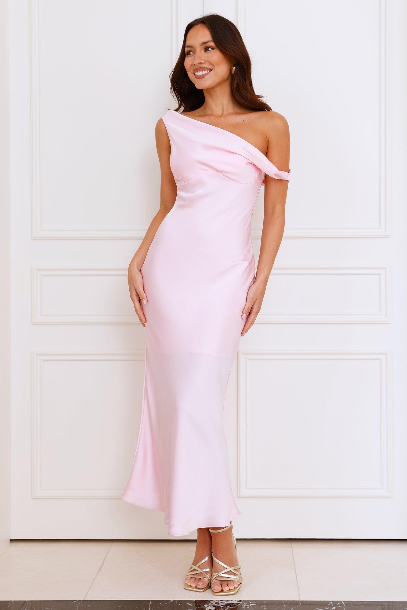 Stylish Season Off Shoulder Satin Midi Dress Pink Product Image