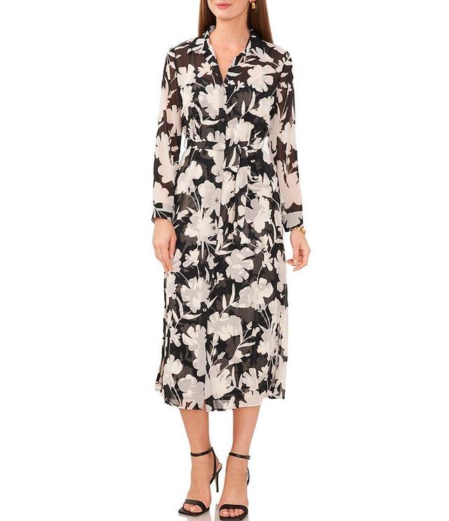 Vince Camuto Floral Petal Print Point Collar Long Sleeve Button Front Belted Yoryu Midi Shirt Dress Product Image