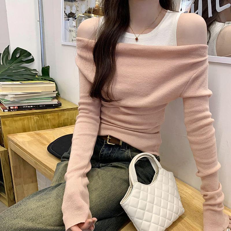 Long-Sleeve Crew Neck Cold Shoulder Mock Two-Piece Two Tone Knit Top Product Image