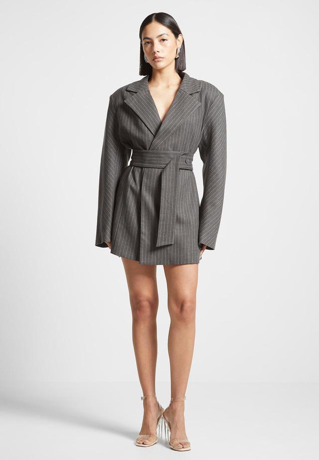 Oversized Pinstripe Blazer Dress - Grey Female Product Image