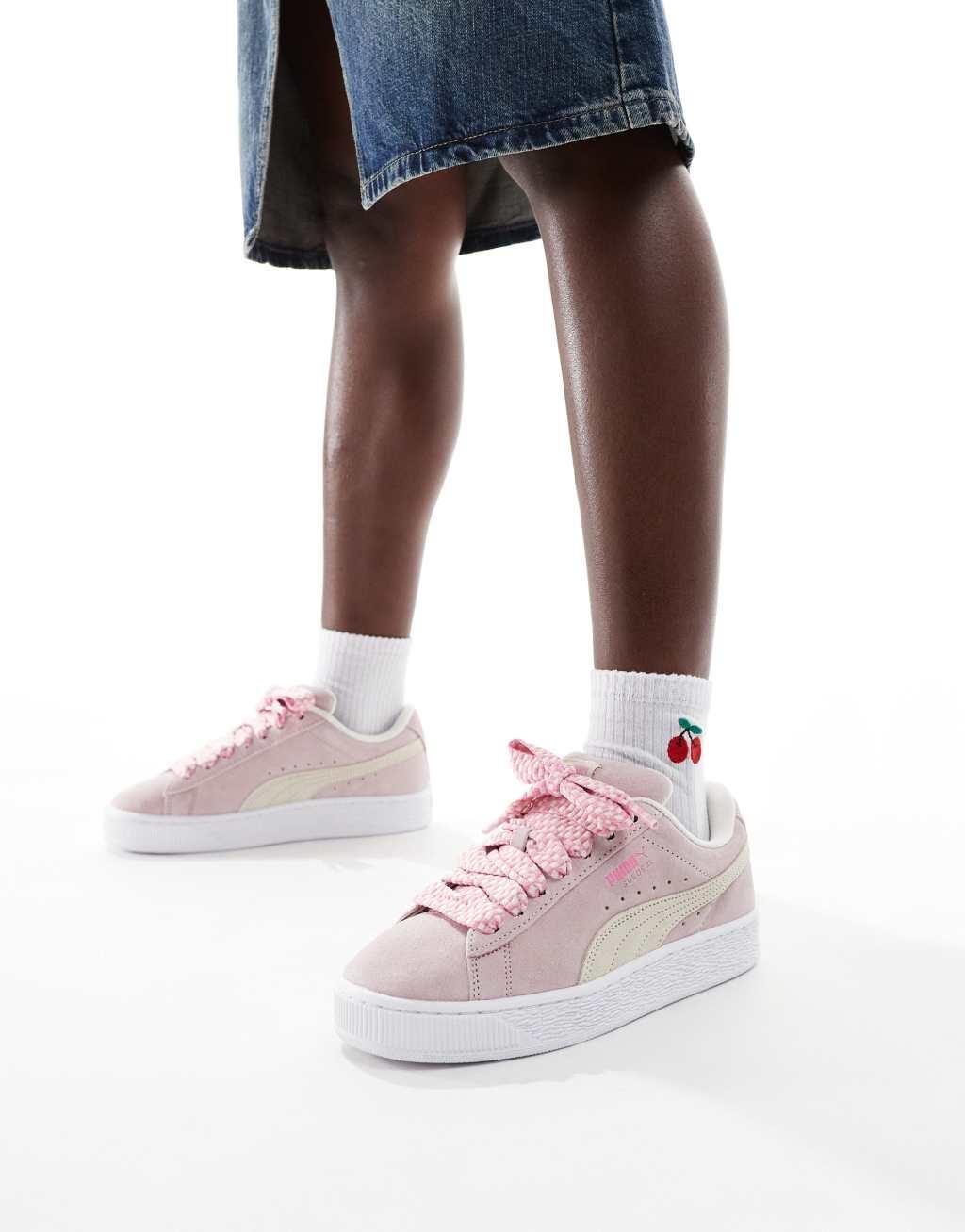 PUMA Suede XL sneakers with lace detail in pink and cream Product Image