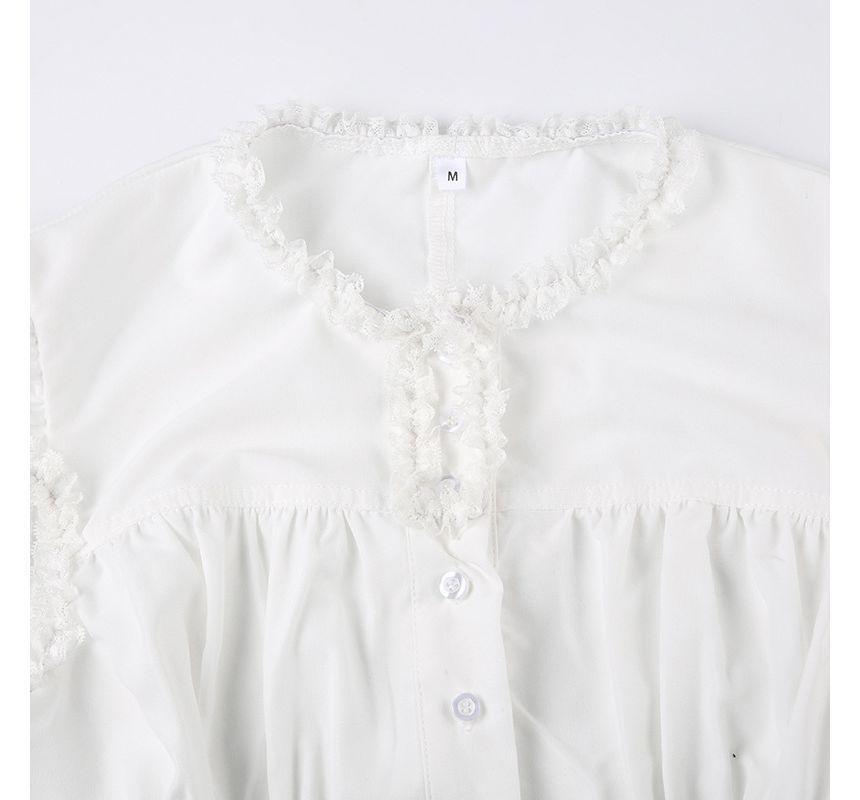 Cap-Sleeve Plain Lace-Up Cropped Slim Fit Blouse Product Image