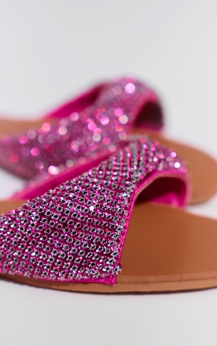 Pink Pu Round Toe Diamante Strap Flat Sandals Product Image