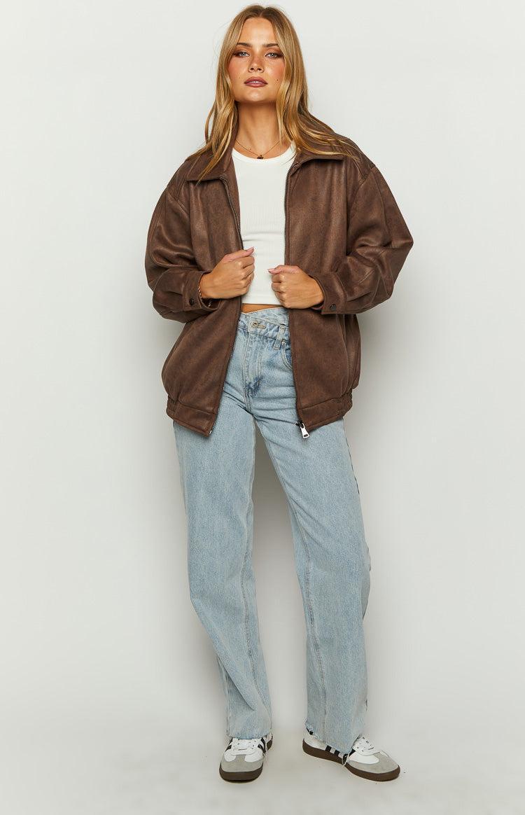 Abbi Brown Faux Suede Bomber Jacket Product Image