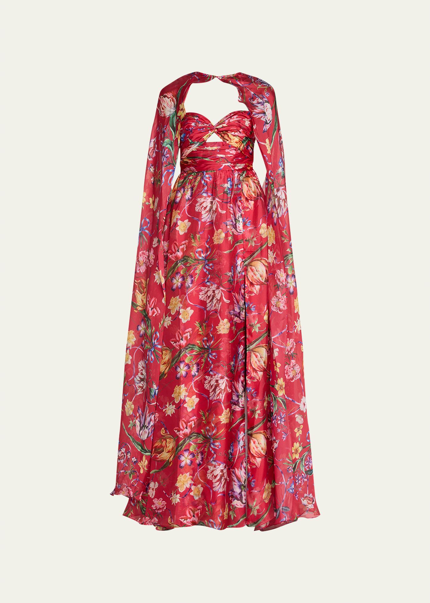 Cutout Floral-Print Sweetheart Cape Gown Product Image