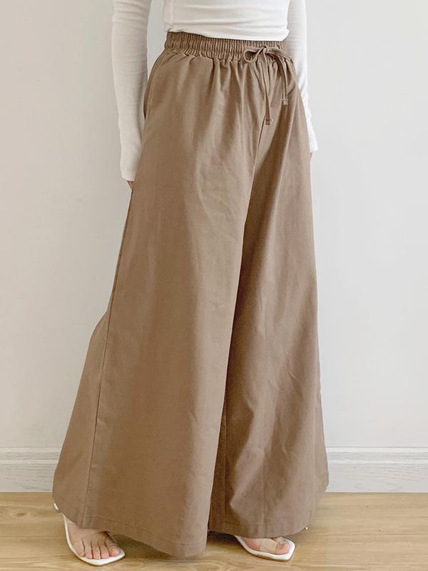 High Waisted Loose Drawstring Elasticity Pockets Solid Color Pants Trousers Product Image