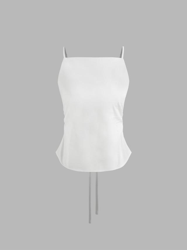 Linen-blend Square Neck Solid Ruched Knotted Cami Top Product Image