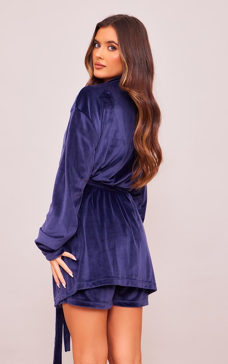 Dark Blue Velour Tie Waist Robe Product Image