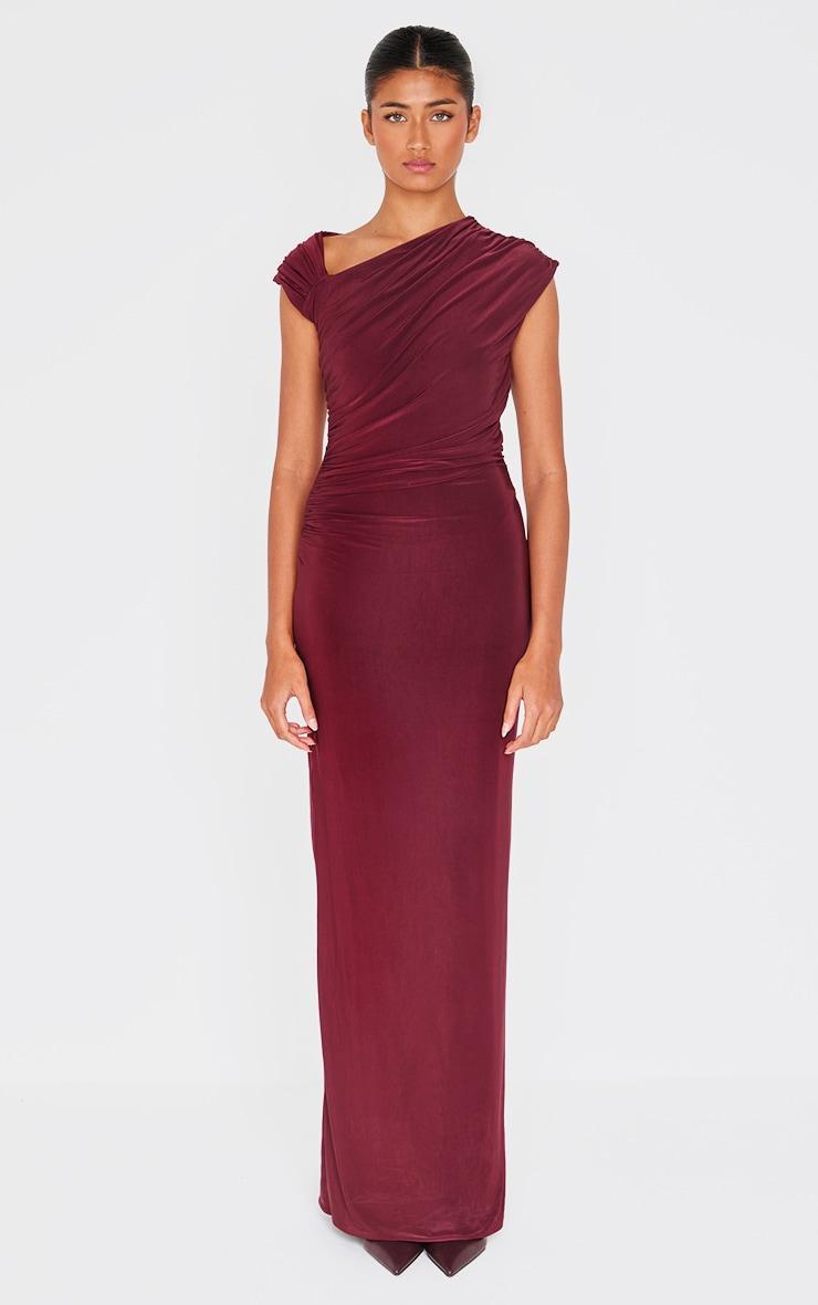 Burgundy Double Layer Slinky Ruched Maxi Dress Product Image