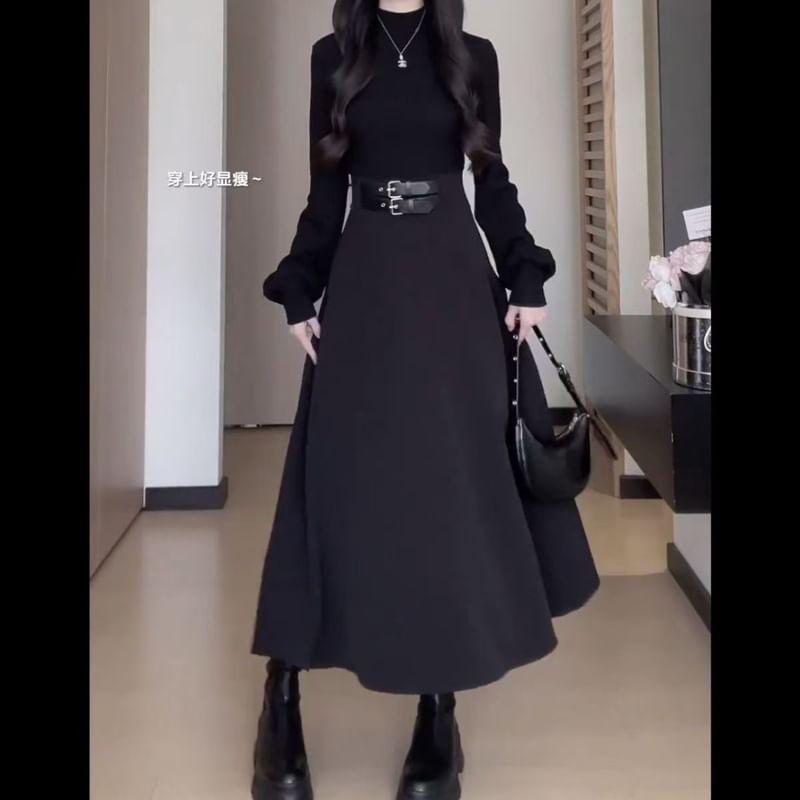 Long-Sleeve Mock Neck Plain Buckled Midi A-Line Dress Product Image