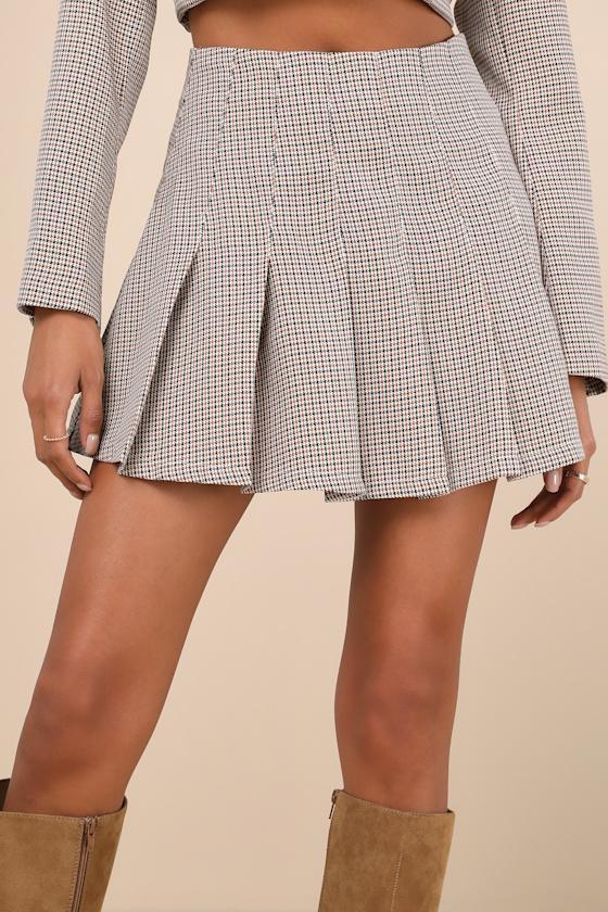 Convincingly Poised Brown Plaid Pleated Mini Skirt Product Image