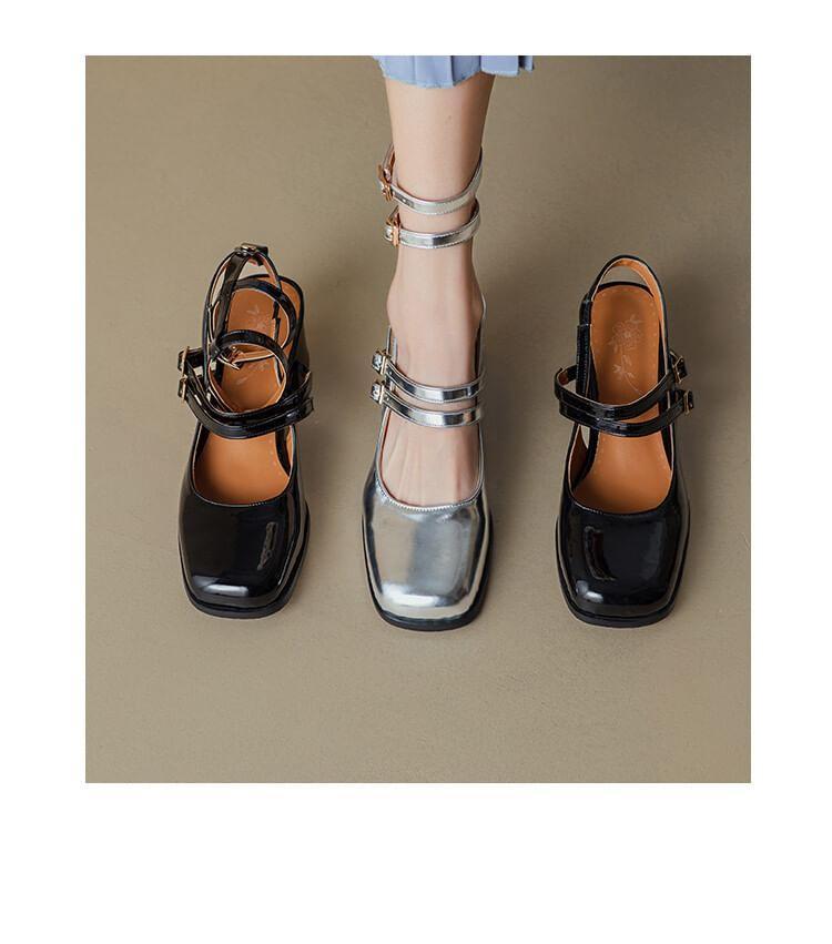 Square Toe Slingback Ankle Strap Patent Leather Block Heel Mary Jane Pumps product image