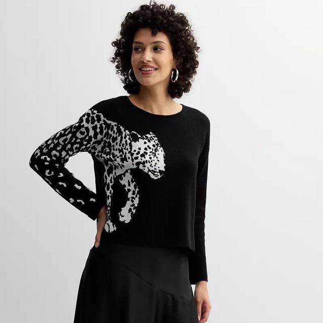 Womens Catherine Malandrino Long Sleeve Crewneck Birdseye Jacquard T-Body Leopard Sweater Product Image