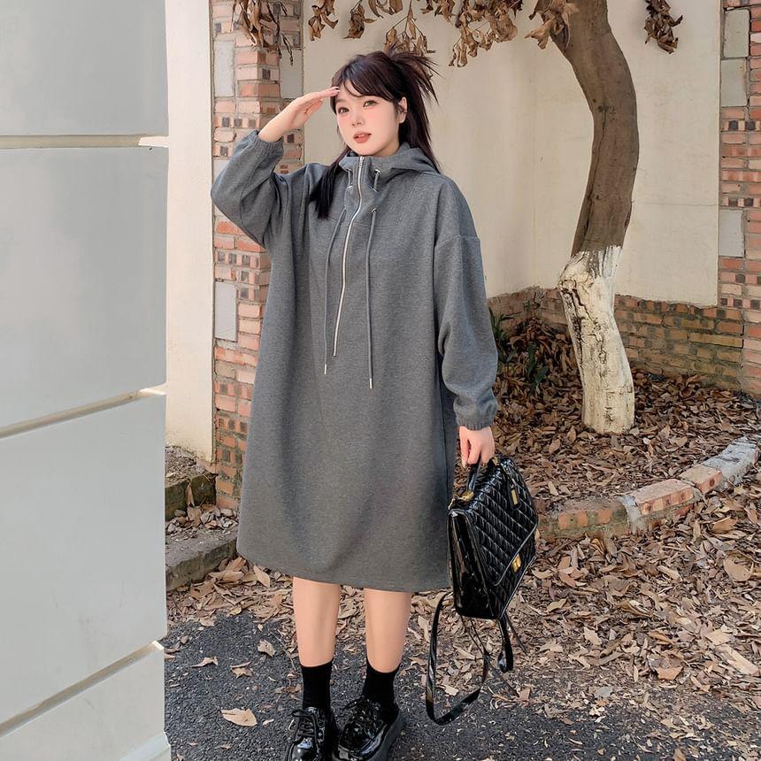 Plus Size Long-Sleeve Half-Zip Hoodie Dress Product Image