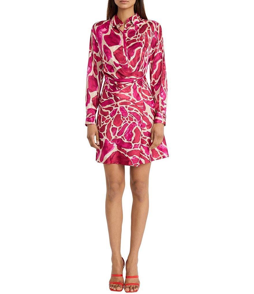 Donna Morgan Printed Light Charmeuse Button Front Collar Long Sleeve Wrap Front Mini Dress Product Image