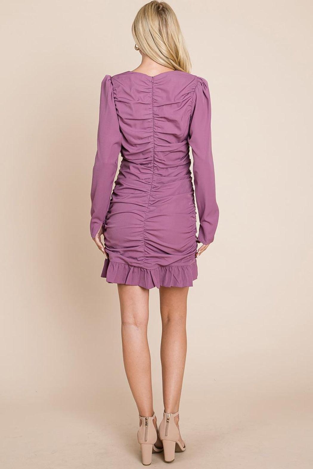 Long Sleeve Ruched Frill Hem Mini Dress Product Image