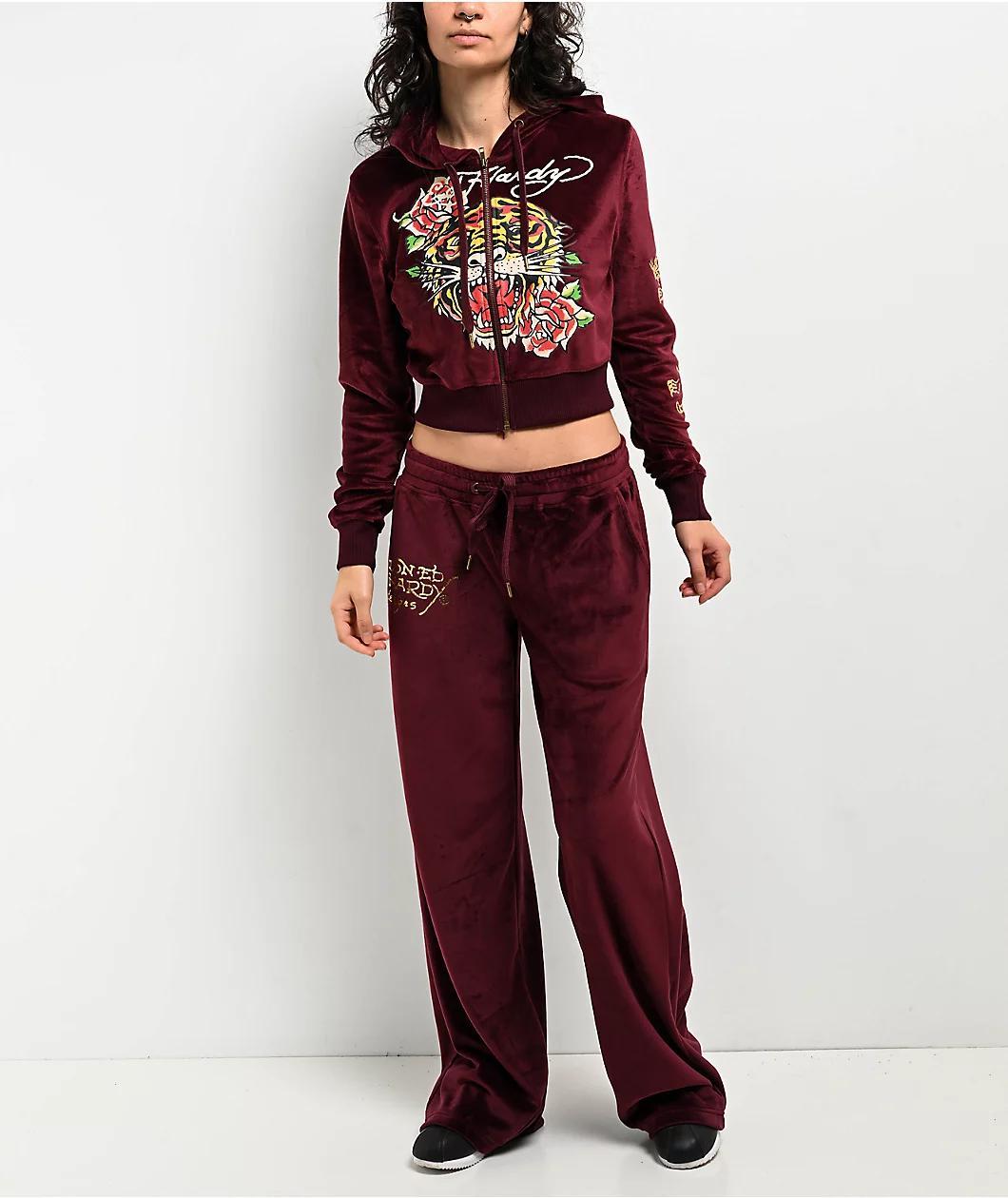 Ed Hardy Retro Tiger Burgundy Velour Track Pants Product Image